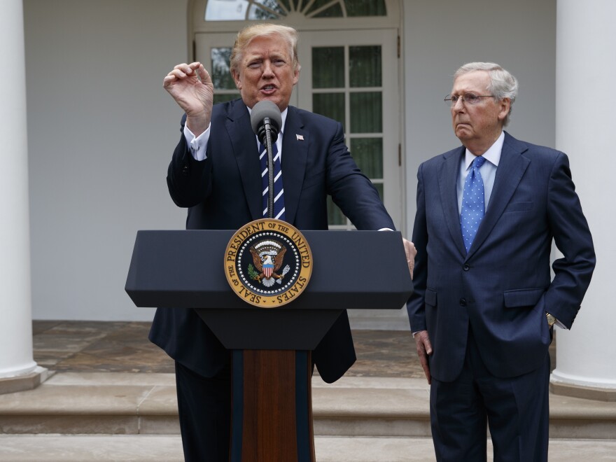 President Trump and Senate Majority Leader Mitch McConnell, R-Ky., at an Oct. 16 impromptu press conference where Trump said their relationship is "outstanding."