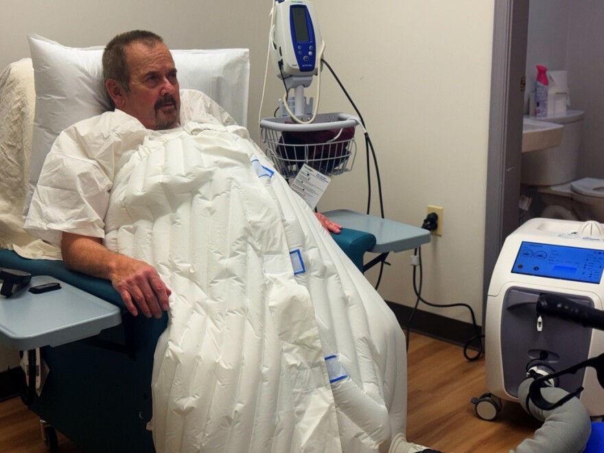 Richard Brunson participates in the clinical trial at Rochester Regional that involves a sweat suit that researchers say will make patients with chronic heart failure sweat. Experts say this will help reduce fluid build up that patients with CHF usually suffer from.
