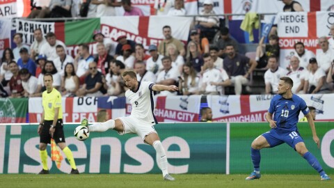 England's Harry Kane controls the ball during a Group C match between the England and Slovenia at the Euro 2024 soccer tournament in Cologne, Germany, Tuesday, June 25, 2024. The English national team will be using Kansas City as its home base during the 2026 World Cup.