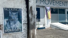 A sign posted in South Clintonville says "No Kings More Cats" with a LGBTQ+ Pride flag draped in the background on the Flux Flow Dance Center on Crestview Road.