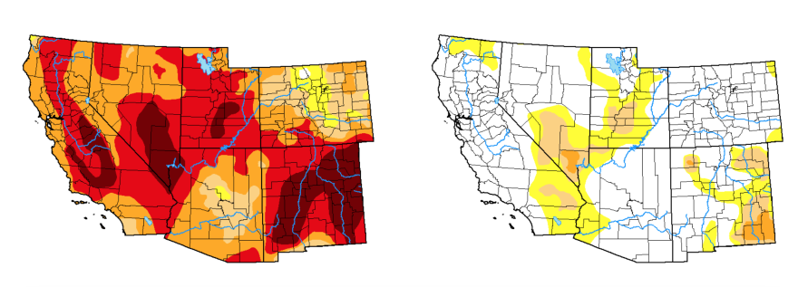 The map on the left shows drought conditions in June 2022. The map on the right shows the same region in June 2023. Darker colors are used to indicate more severe drought.