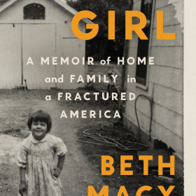 The cover of "Paper Girl: A Memoir of Home and Family in a Fractured America" by Beth Macy features a black-and-white photo of a child near a house and shed. 