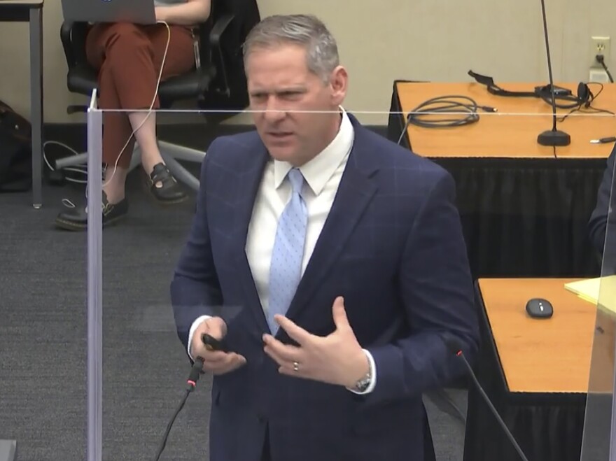 Prosecutor Steve Schleicher gives closing arguments as Hennepin County Judge Peter Cahill presides on Monday in the trial of former Minneapolis police officer Derek Chauvin.