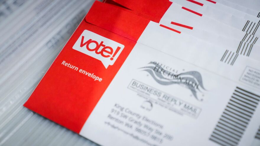 A tray of mail-in ballots is seen at King County elections headquarters on Nov. 5, 2024, in Renton, Wash. (Lindsey Wasson/AP)