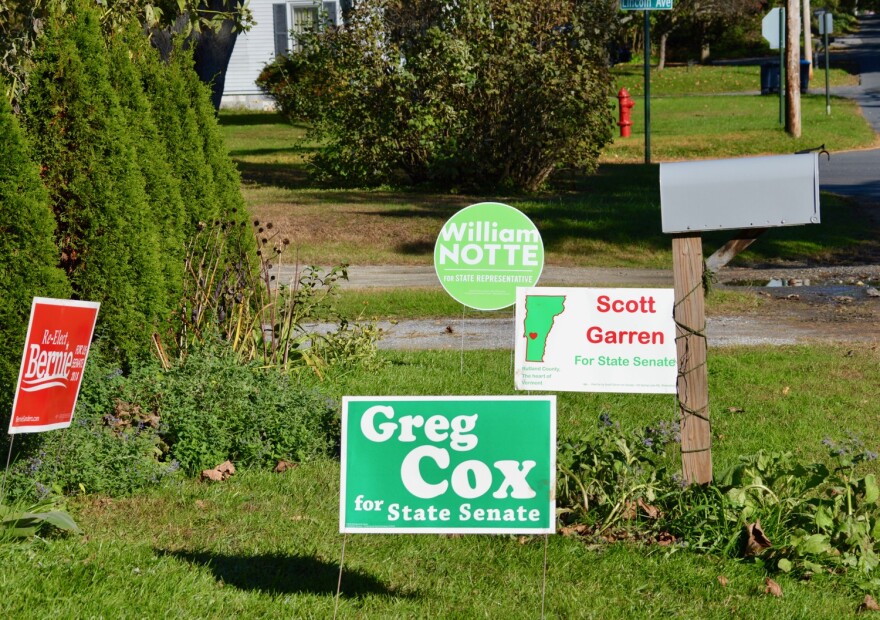 Lawn signs in Rutland show support for Democratic candidates.