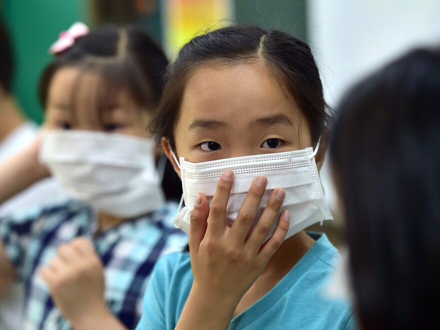 South Korean school students put on face masks during a special class on the MERS virus at an elementary school in Seoul.