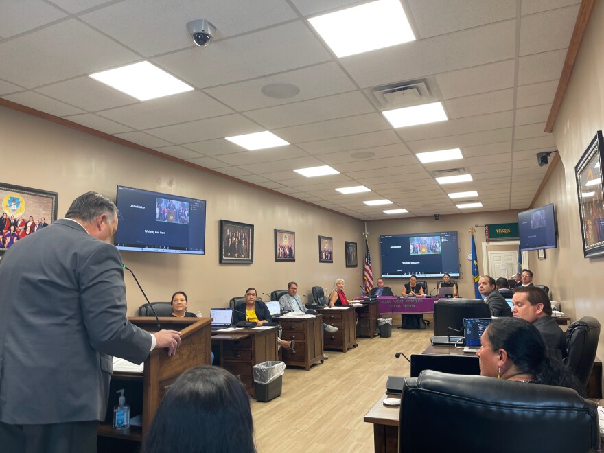 Osage Nation Principal Chief Joe Tillman speaks to the Osage Nation Congress on Thursday following announcements the tribe's visitors center, language immersion school and Harvest Land farm will close.