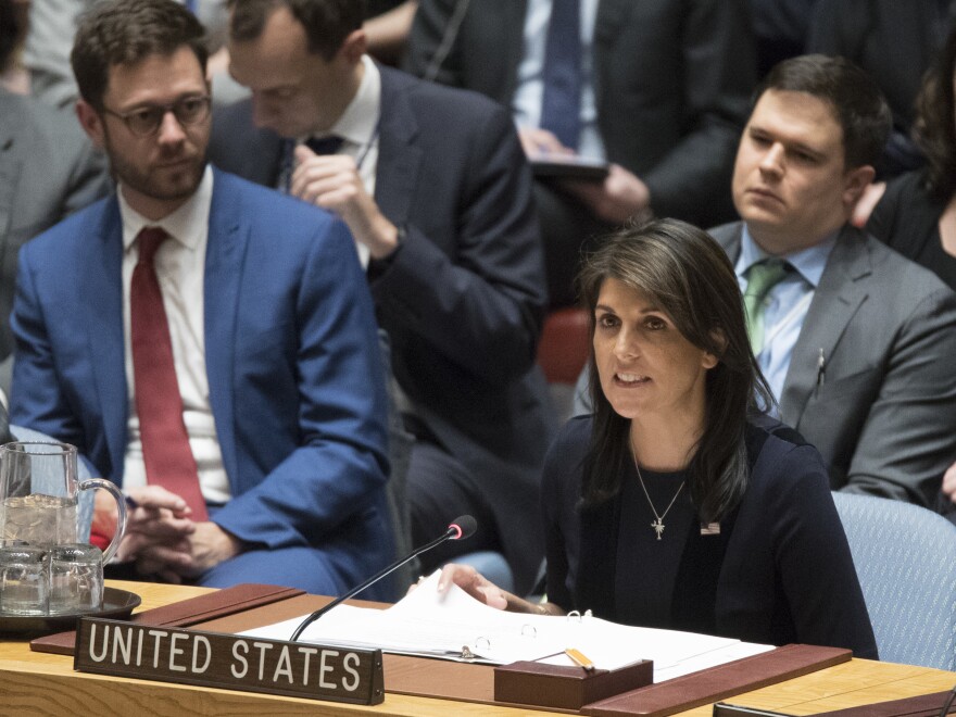 U.S. Ambassador to the United Nations Nikki Haley speaks during a Security Council meeting on the situation between Britain and Russia, on Wednesday.
