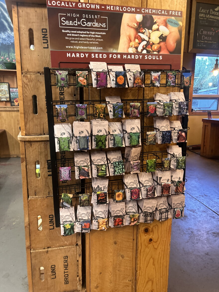 A display with seeds for sale from High Desert Seeds and Gardens at Delicious Orchards in Hotchkiss, Colorado.