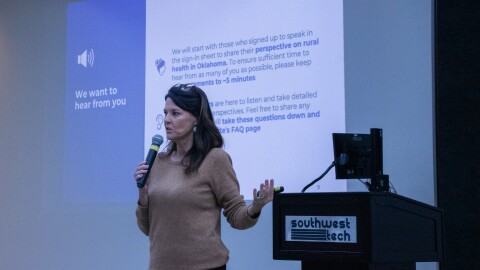 Brandie Combs, the chief of staff at the Oklahoma State Department of Health, speaks at a Sept. 25 listening session in Altus for the Rural Health Transformation Program.