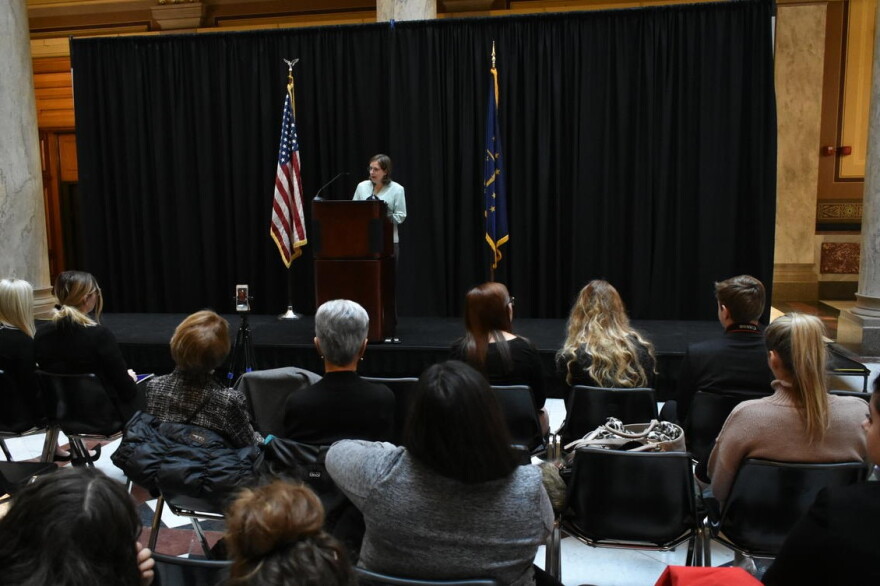 Rep. Chris Campbell (D-West Lafayette) addresses women at the statehouse rally.