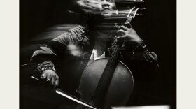 Album cover with a photo of a cello player, a Black man, blurry in motion - with the words "Hymns of Bantu" in script at the bottom right
