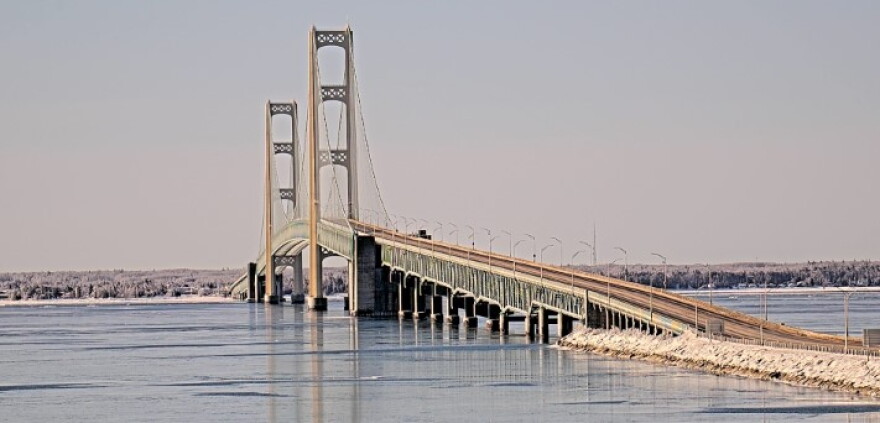 The Mackinac Bridge during a closure due to falling ice on April 1, 2025.