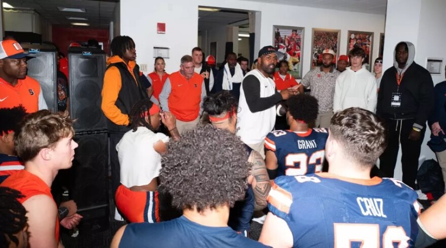 Syracuse Head Coach Fran Brown addressing the team after last week’s victory over Uconn.