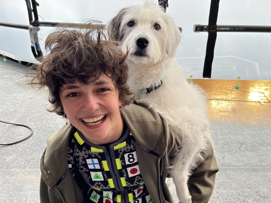 Photo taken on set of actress Murphy Weed and Krypto stand-in Jolene.