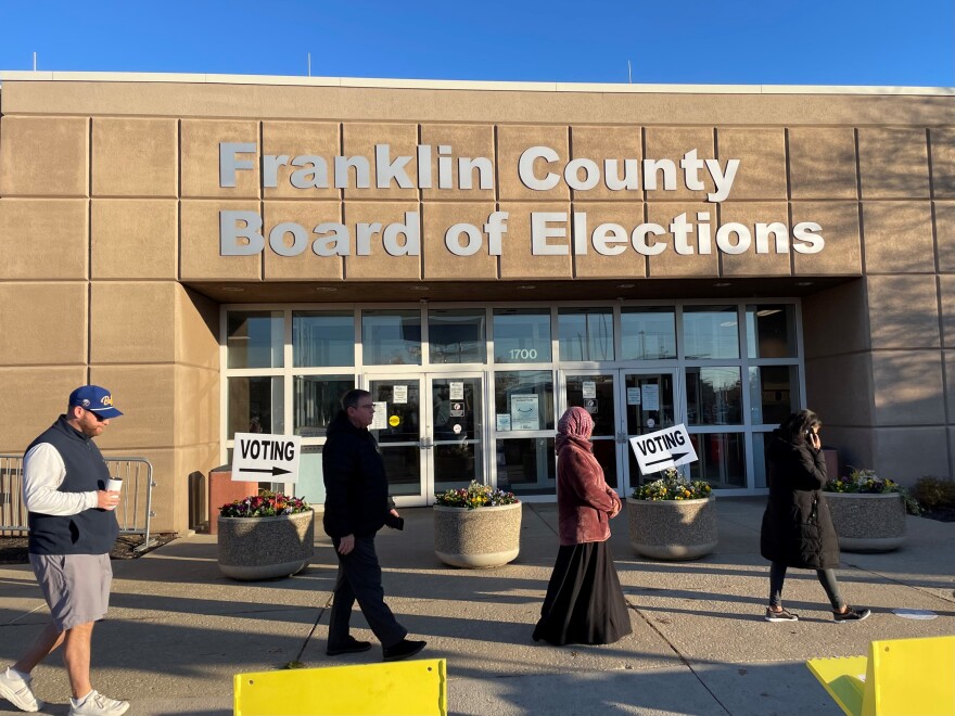  Voters line up to cast early ballots in person at the Franklin County Board of Elections on the last day of early voting, Monday, November 7, 2022. [Karen Kasler /  Statehouse News Bureau]