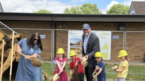 Bethel Superintendent Kraig Sproles participates in the Danebo Elementary School expansion groundbreaking with students, June 10, 2026.