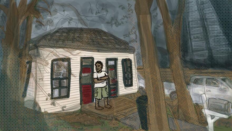 An illustration of John Contreras outside his home on Rainey Street.