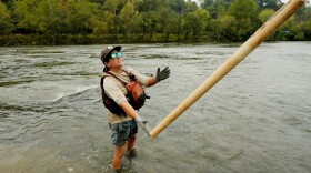 Leslie Beninato, river cleanup logistics manager of MountainTrue, removes a PVC pipe from the French Broad River on Wednesday, Sept. 17, 2025, in Asheville, N.C.