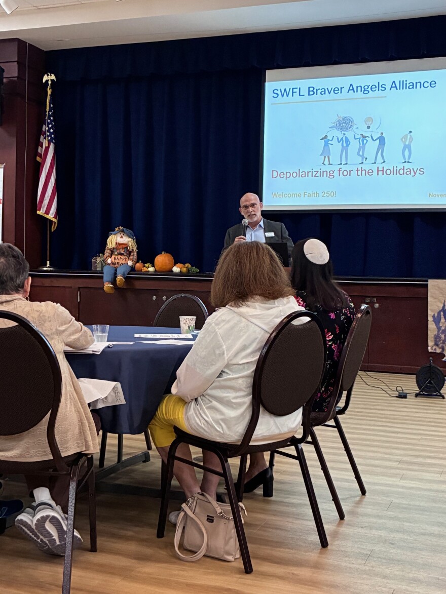 Alex Berg, co-chair of the Braver Angels SWFL Alliance, speaks at Temple Beth El on Thursday, Nov. 20, 2025.
