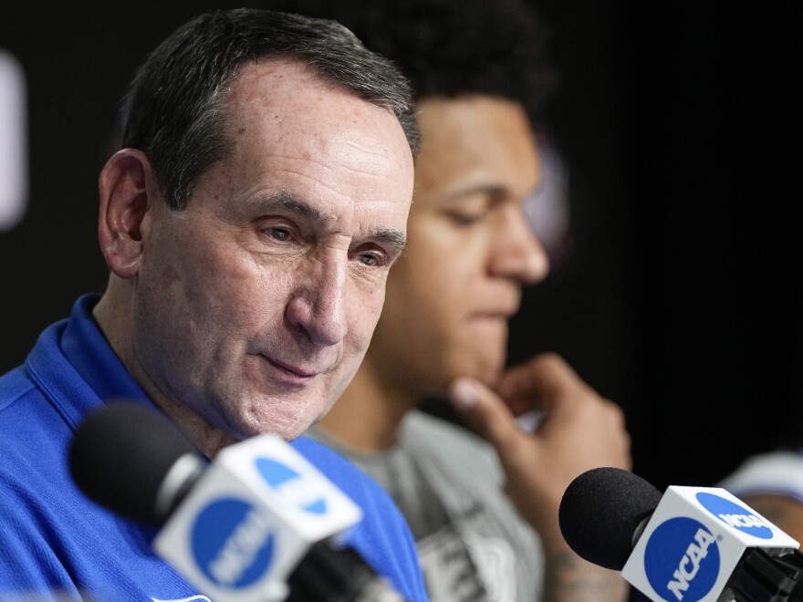 Duke head coach Mike Krzyzewski speaks during a news conference after Duke's loss to North Carolina in a college basketball game during the semifinal round of the Men's Final Four NCAA tournament, Saturday, April 2, 2022, in New Orleans.