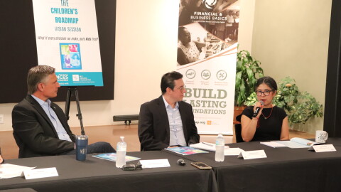 From left to right, Senator Martin Heinrich, Dahveed Torres, and Gabrielle Uballez, executive Director of New Mexico Voices for cChildren, discussing ways the state can ensure their recent investments in children's well-being make a tangible difference for everyday people.