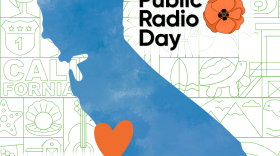 California Public Radio Day with orange flower sticker with California state outline in blue with KCBX logo and background green images