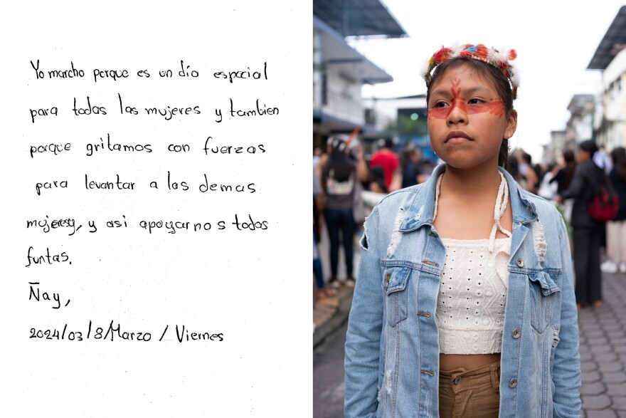 "Yo marcho porque es un día especial para todas las mujeres y también porque gritamos con fuerzas para levantar a las demás mujeres y así apoyarnos todas juntas". Retrato de Ñay Gaba de la nacionalidad Waorani y Sapara.