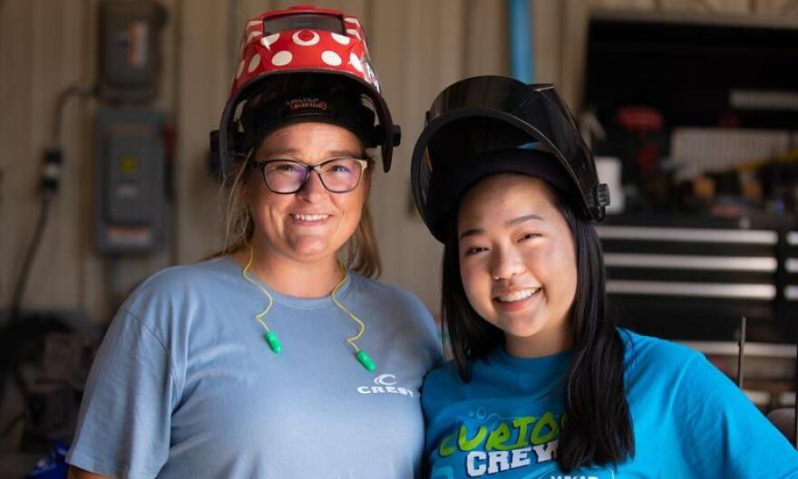 A scene from a recent episode of Curious About Careers with welder Jennifer Hall and host Janellyn.