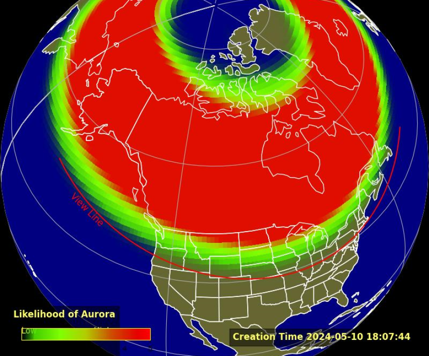 A projected forecast for the aurora borealis on May 10, 2024.