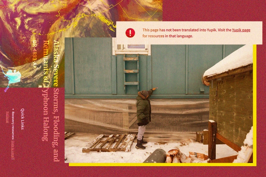 Walter Nelson, managed retreat coordinator, points out the high water mark during flooding last month when the remnants of Typhoon Halong hit Napakiak, Alaska.