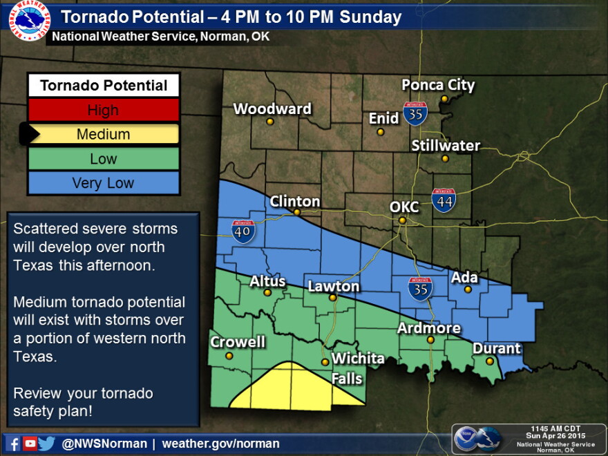 The chance for tornadoes is highest in southeastern Oklahoma and northern Texas.