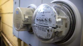 An electricity meter on a house in Cambridge. (Robin Lubbock/WBUR)