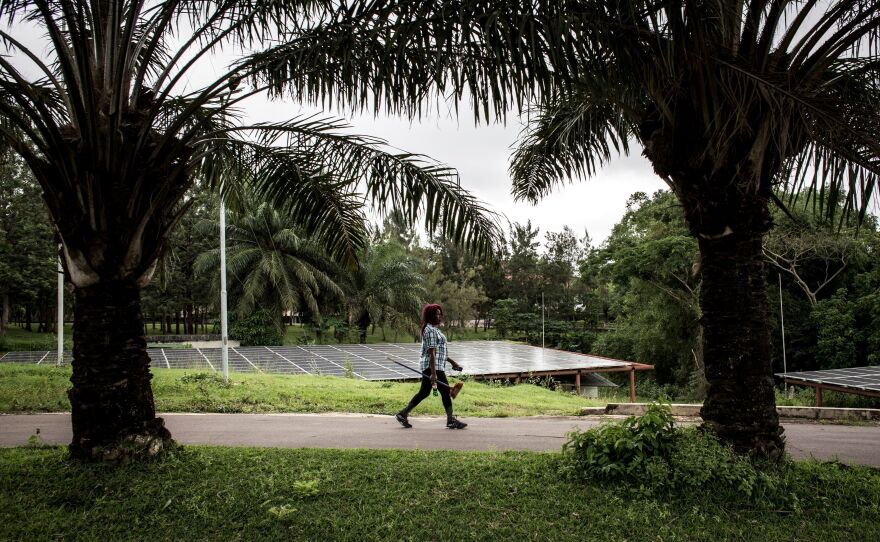 A cleaning employee walks along a road inside the Congolese president's personal ranch.