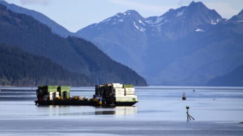 A barge departs from the Alaska Marine Lines dock in downtown Juneau.