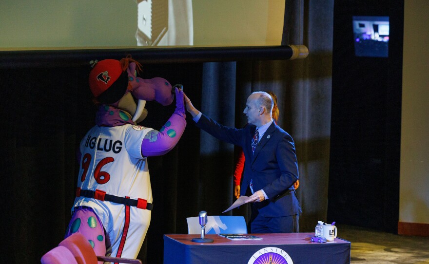 Lansing Lugnuts mascot Big Lug makes an appearance at Lansing Mayor Andy Schor's State of the City Address at Dart Auditorium in Lansing, Mich., on March 18, 2026.