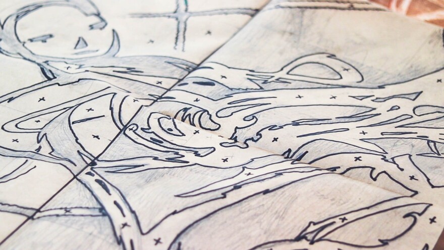 Perkins submission, a rendering of a human figure against an urban Veneitan landscape, based off the work of Italian Renaissance artist Tintoretto. Thomas Iacobucci/WUSF Public Media