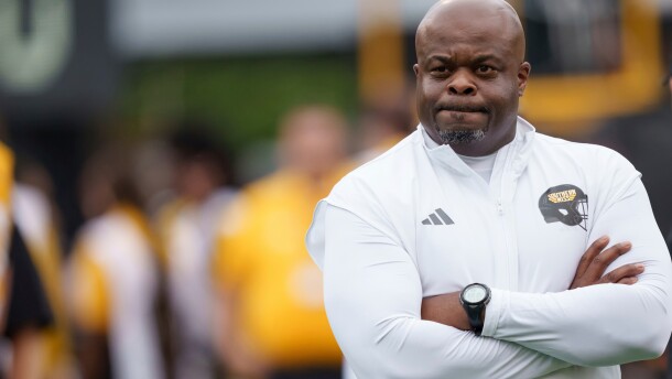 FILE - Southern Mississippi head coach Charles Huff watches his team before an NCAA football game against Mississippi State on Saturday, Aug. 30, 2025, in Hattiesburg, Miss. (AP Photo/Matthew Hinton, file)