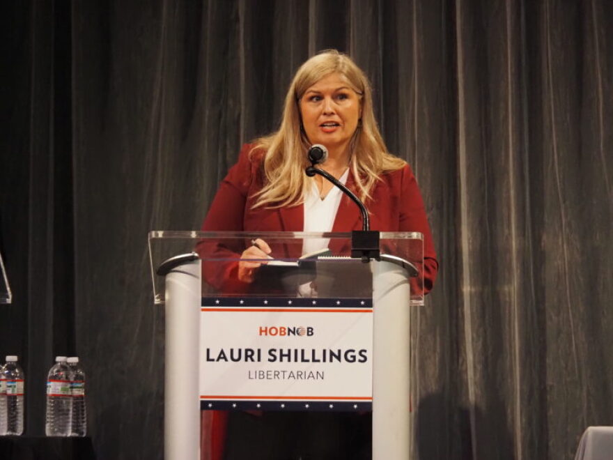 Libertarian Lauri Shillings answers a question during a debate for Secretary of State on Aug. 26, 2026 in downtown Indianapolis.