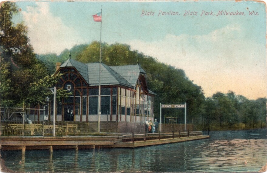 Vintage postcard of Blatz Beer Garden seen from the Milwaukee River.