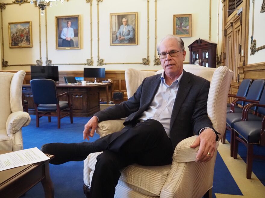 Indiana Gov. Mike Braun sits for an end-of-year interview with the Indiana Capital Chronicle in his Statehouse office on Tuesday, Dec. 16, 2025.