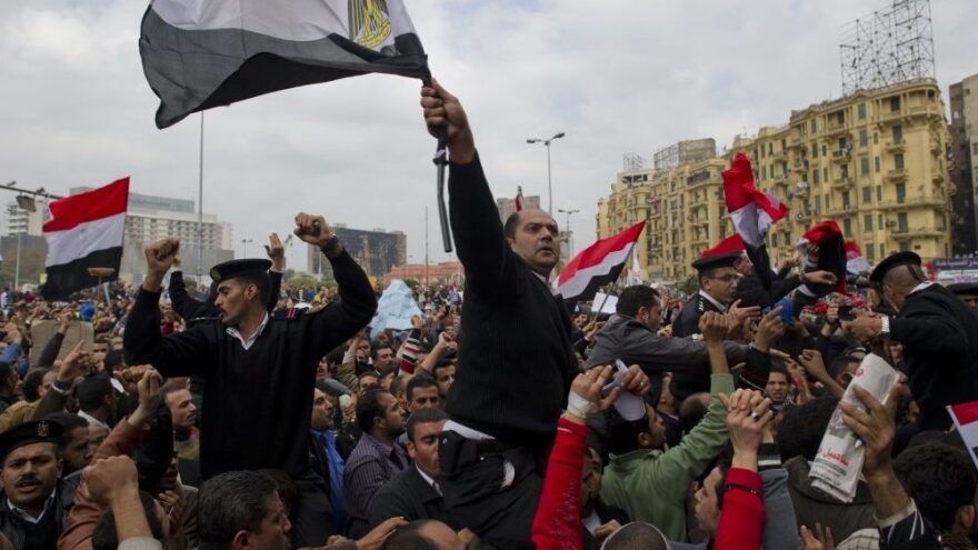 Egyptian policemen demonstrate at Cairo's Tahrir Square, the epicentre of the popular revolt that drove veteran strongman Hosni Mubarak from power.