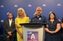 Miami-Dade County school board chair Mari Tere Rojas,ledt, and superintendent Jose Dotres, right, at Wednesday's press conference.