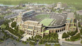 The new music building is a six-story structure connected to the south side of Notre Dame Stadium.