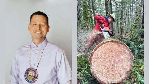 Left: Jarred-Michael Erickson is chairman of the Confederated Tribes of the Colville Reservation, and he's pushing the Washington legislature to pass a bill adding tribal representation to the state Board of Natural Resources. Right: A Department of Natural Resources employee works to restore trail access after severe weather knocked down trees