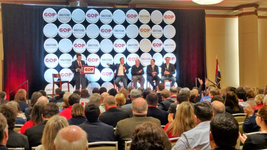 Most of Missouri's Republican statewide officials join state party chairman Todd Graves, left, during forum at state Lincoln Days festivities, held this weekend in Kansas City.