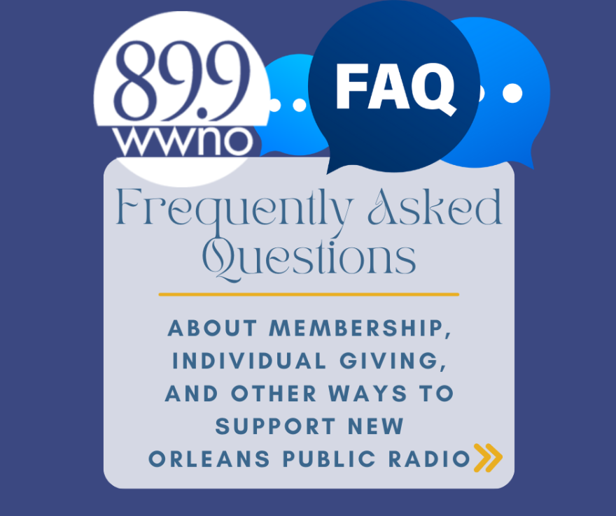 Graphic of FAQ promo for ways to give to WWNO