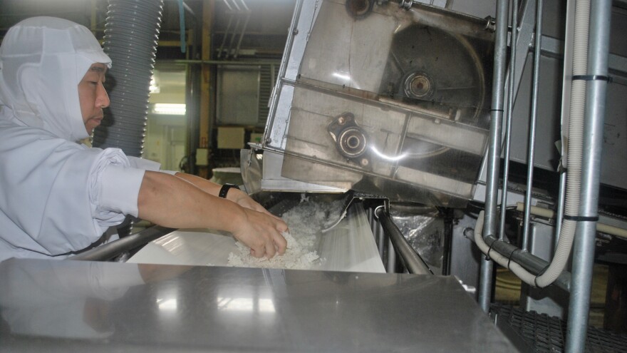 A worker at the Hakkaisan brewery in Japan makes sure there aren't any clumps in the rice as it comes out of the steamer.