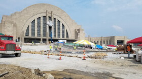 Crews work on replacing Union Terminal's exterior pavilion and fountain in June 2018.