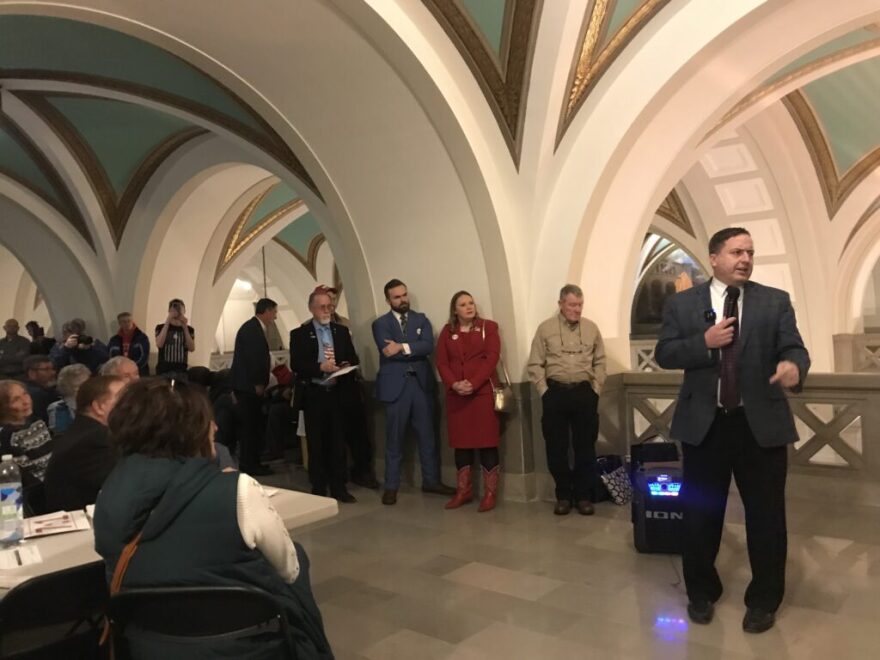  Secretary of State Jay Ashcroft speaks to demonstrators who support a 7-1 Congressional map in the Missouri Capitol on Feb. 7, 2022.